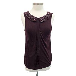 Ann Taylor Loft Tank Top Womens XS Dark Burgundy Pleated Embellished Neckline